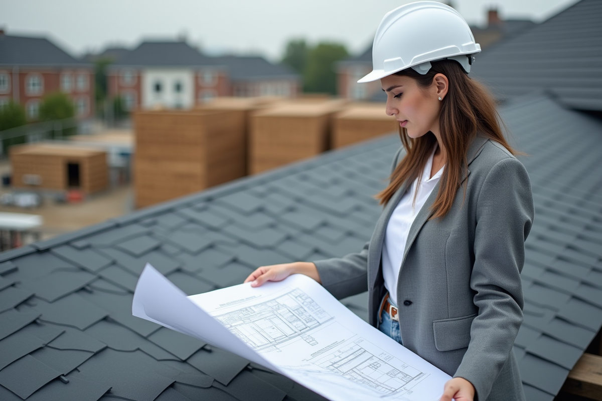 Architecte vérifiant des plans sur un toit neuf en construction