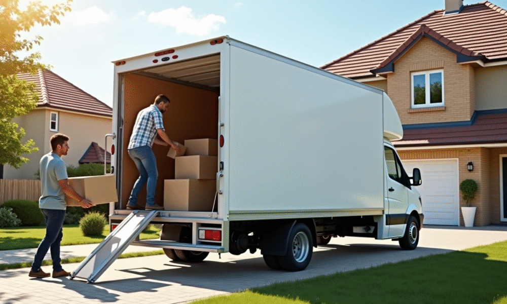 Camion de déménagement blanc devant une maison de banlieue avec deux personnes chargeant des cartons