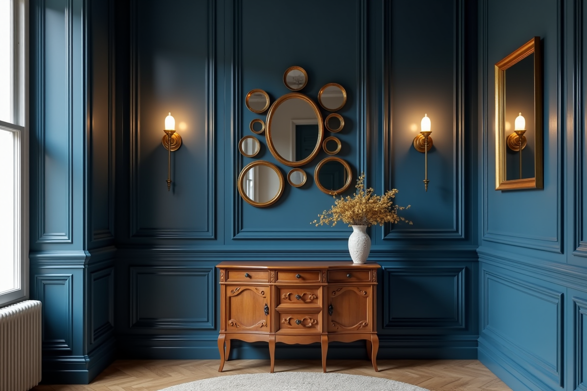 Couloir avec murs bleus et miroirs ronds dorés