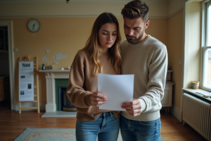 Jeune couple inquiet examinant un rapport immobilier dans une vieille maison