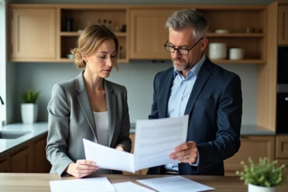 Une femme et un homme d'affaires discutent de documents dans une cuisine moderne