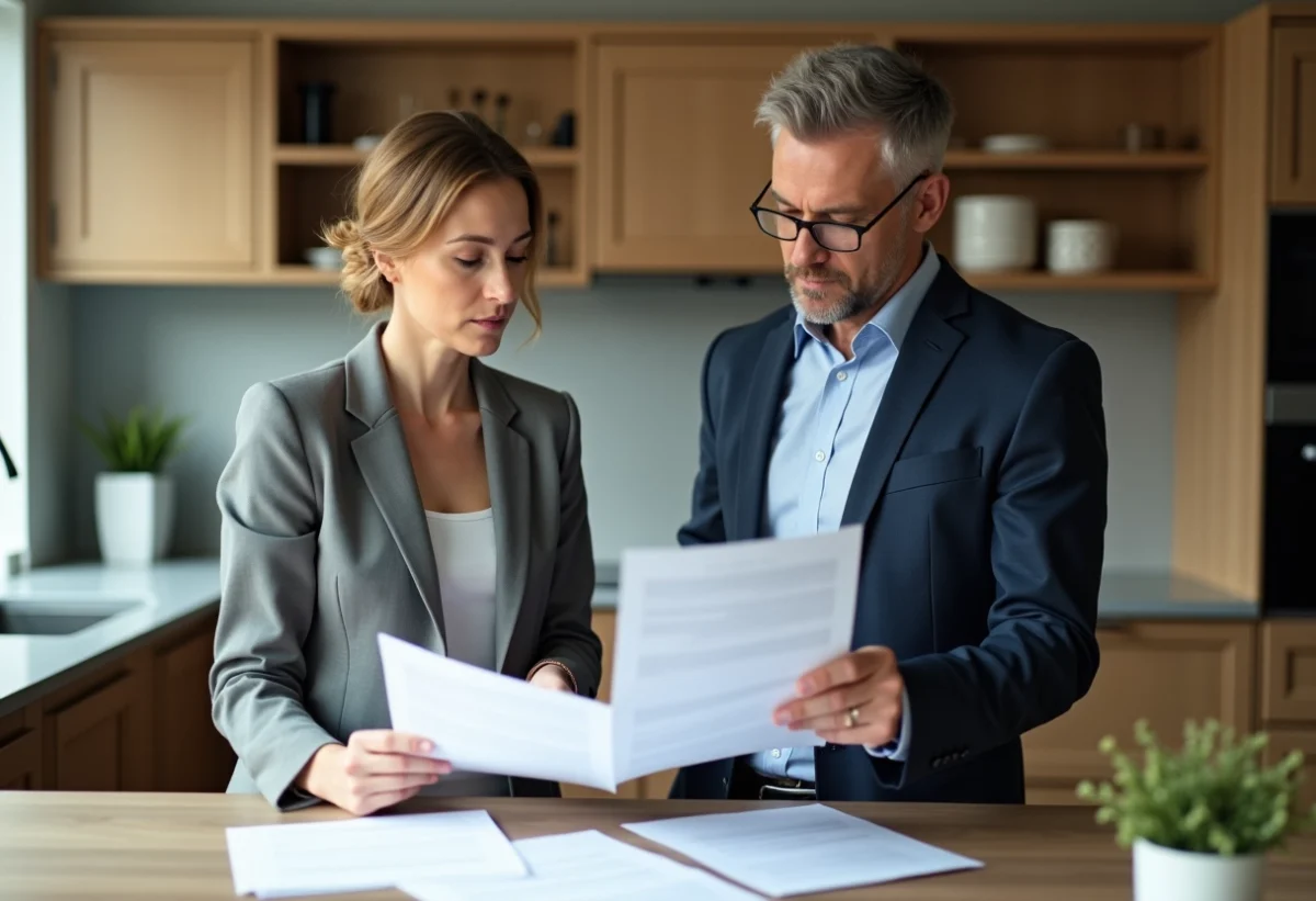 Une femme et un homme d'affaires discutent de documents dans une cuisine moderne