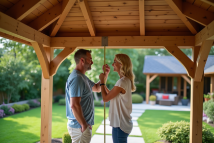 Couple mesurant la hauteur du gazebo dans leur jardin