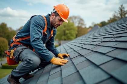 Ouvrier couvreur installant des bardeaux sur un toit résidentiel