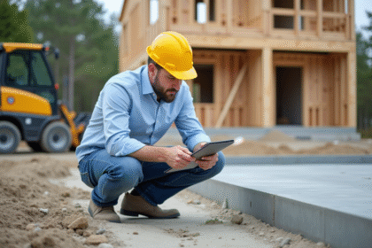 Ingénieur en construction inspectant une fondation en béton