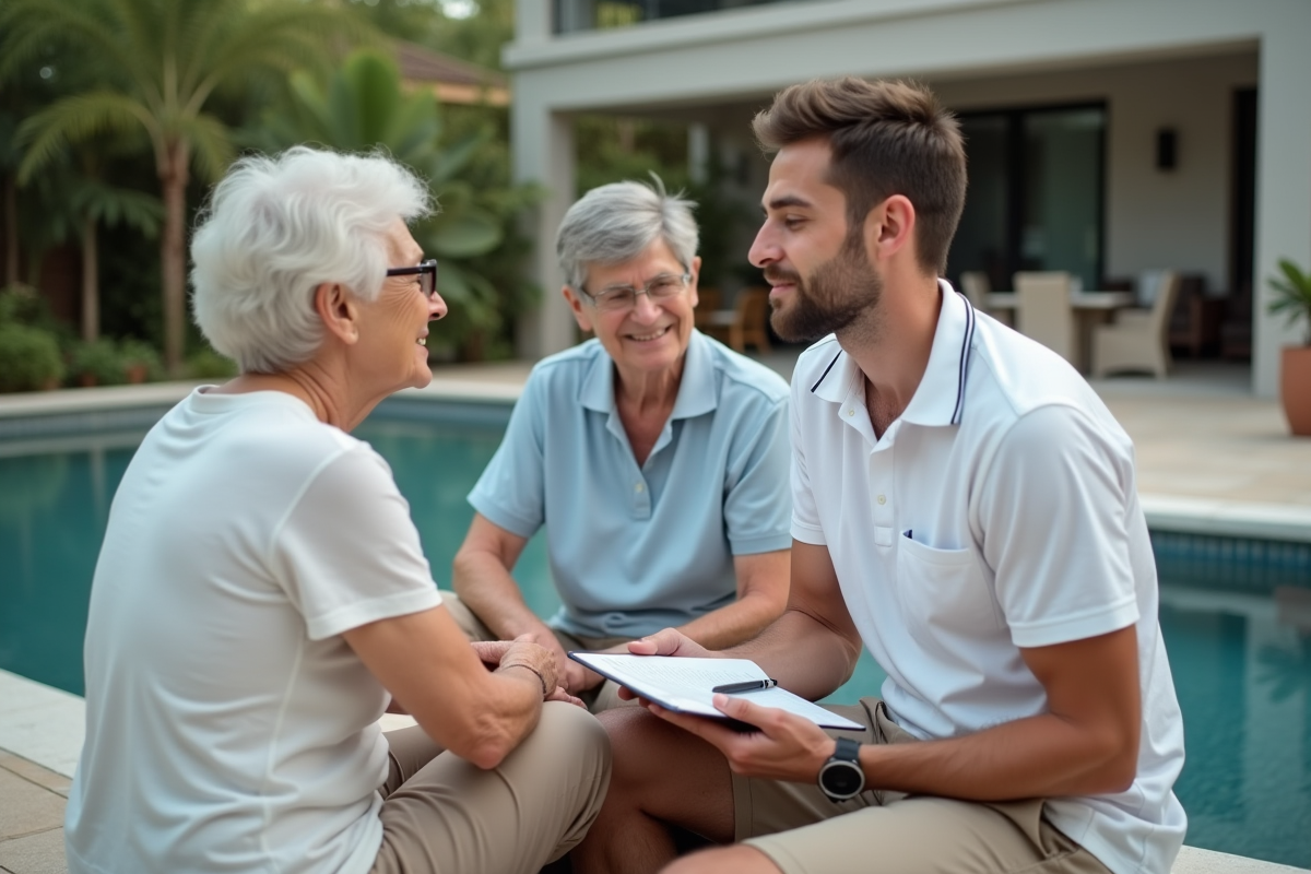 Expert conseille un couple au bord de la piscine