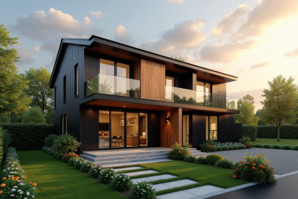 Façade de maison rénovée avec bardage moderne et fenêtres noires