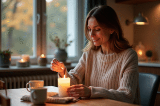 Femme d'âge moyen allumant une bougie dans une maison chaleureuse