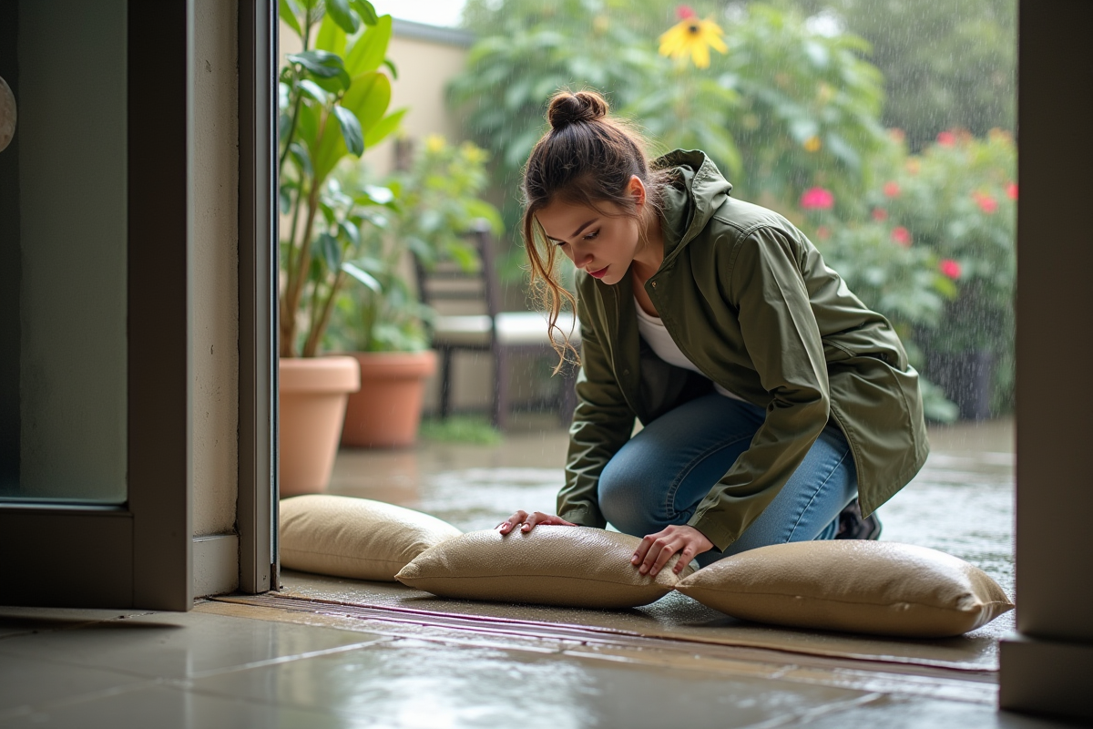Jeune femme posant un sac de sable devant une porte moderne