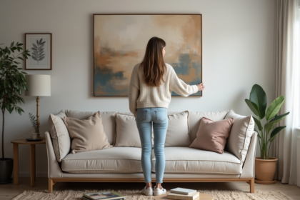 Femme alignant un tableau abstrait dans un salon cosy