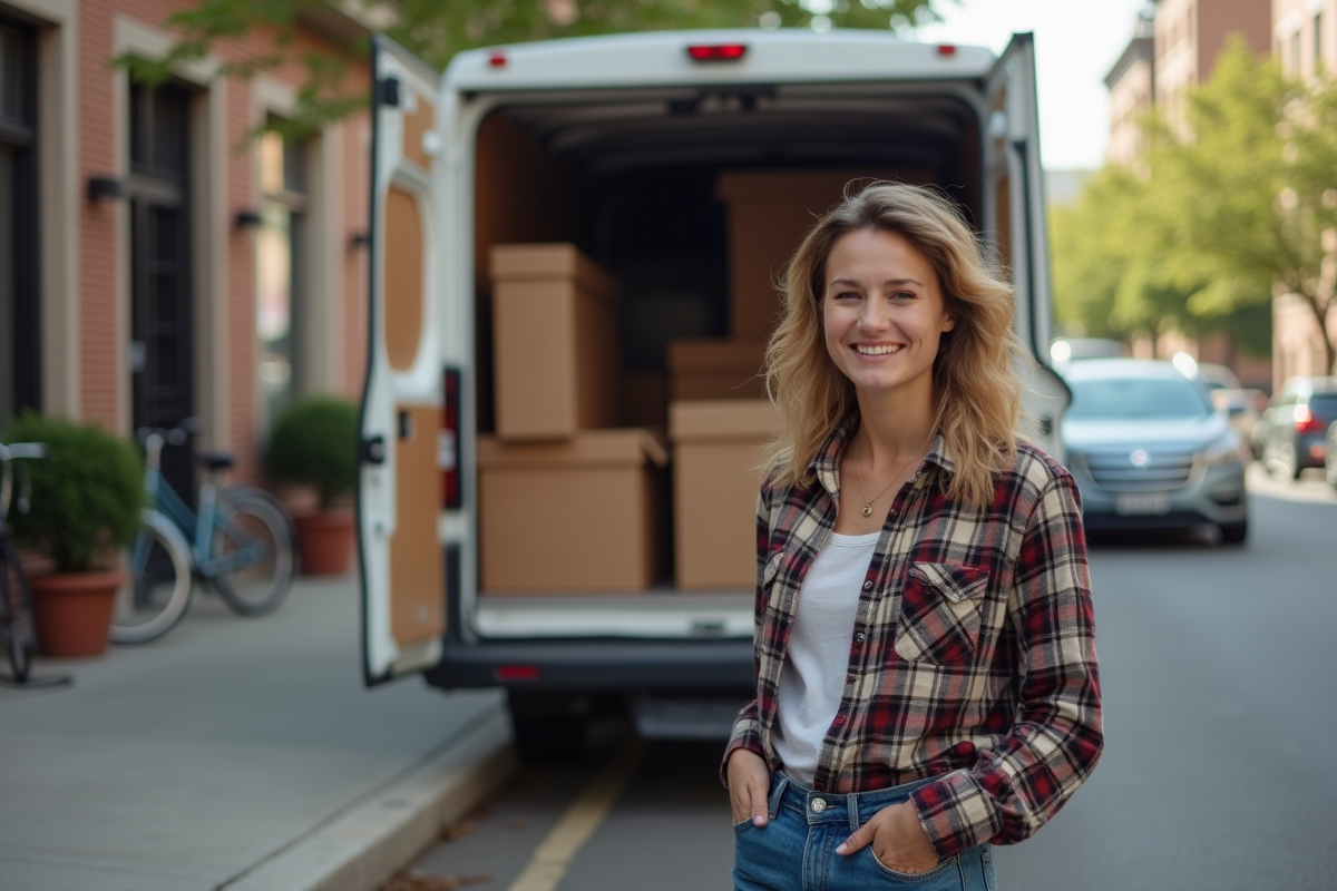 Femme fatiguée devant un van de déménagement en ville