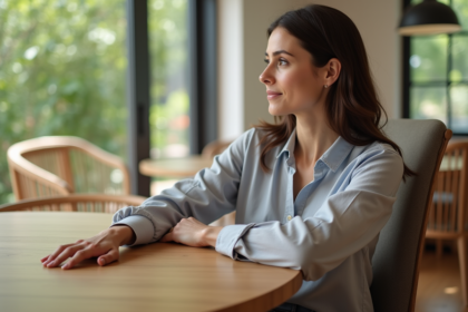 Femme assise dans une salle à manger lumineuse et moderne