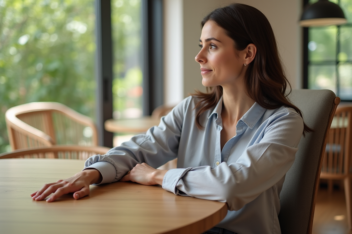 Femme assise dans une salle à manger lumineuse et moderne