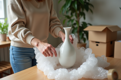 Femme emballant une porcelaine délicate avec du papier bulle