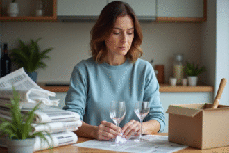 Femme emballant un verre en cristal avec soin pour un déménagement