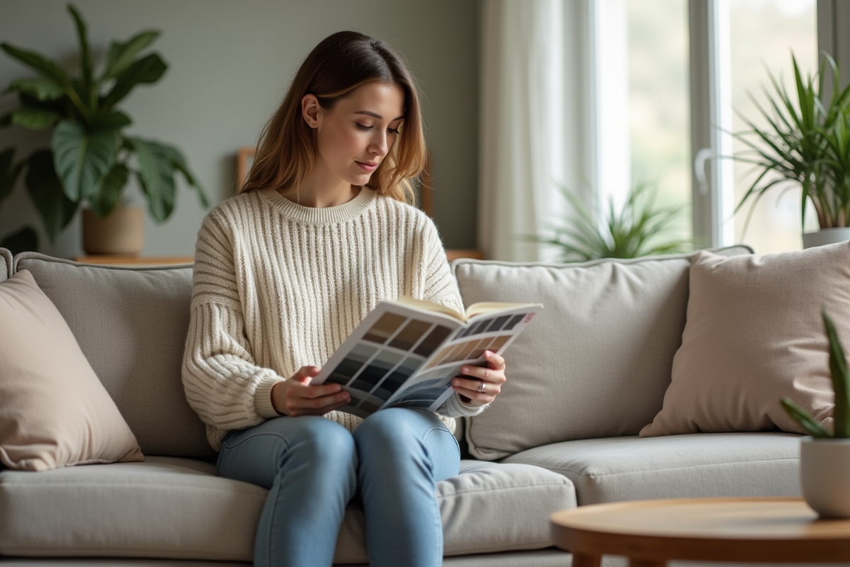 Femme examinant un nuancier de couleurs dans un salon lumineux