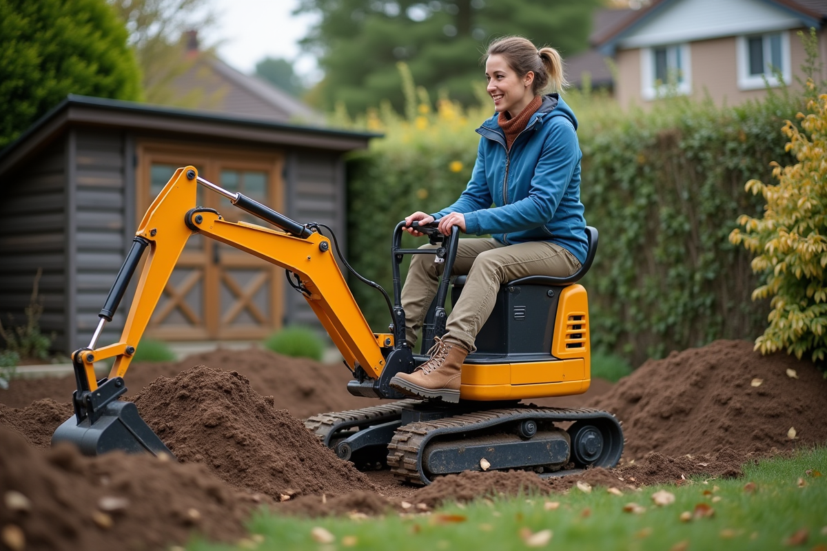 Femme utilisant mini excavatrice dans le jardin