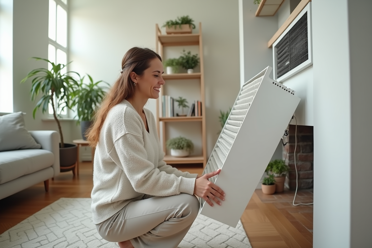 Femme souriante installant un filtre air dans un salon lumineux