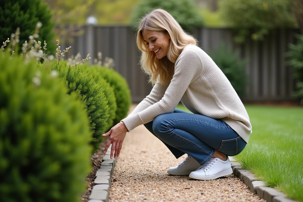 Femme d'âge moyen touchant un chemin de gravier dans un jardin