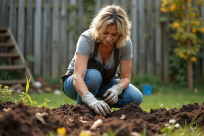 Femme d'âge moyen examine un compost dans son jardin