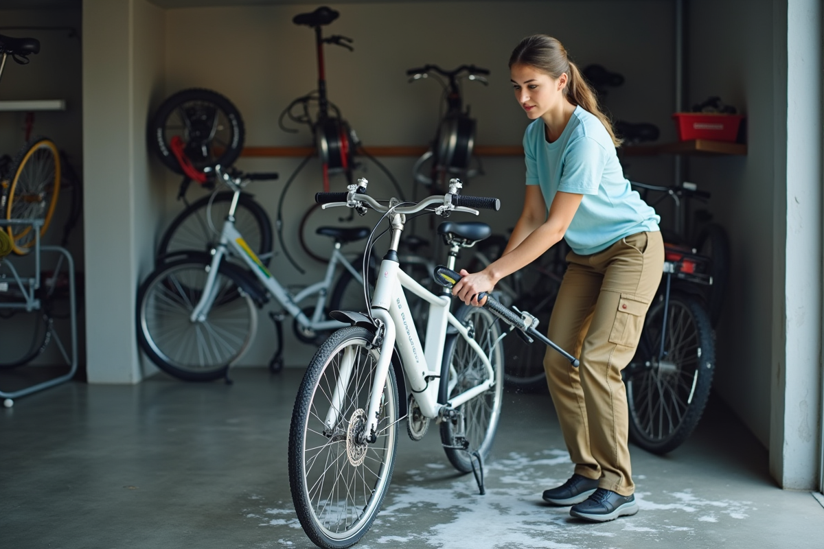 Jeune femme nettoyant un vélo dans un garage urbain