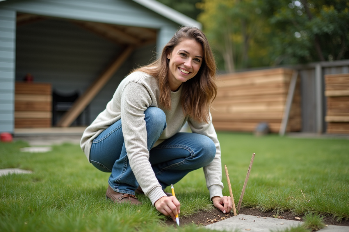 Femme marque le sol près de la cloture de jardin