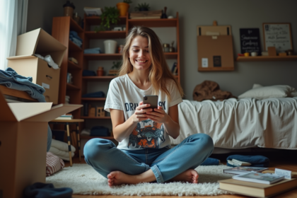 Jeune femme assise sur le sol dans une chambre désordonnée
