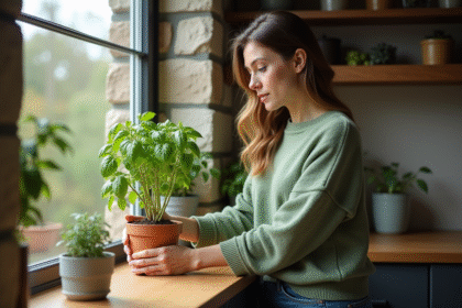 Femme en vert plantant du basilic sur une fenêtre de cuisine