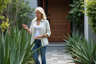 Femme examinant une plante aloe vera devant une maison sécurisée