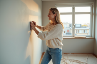 Femme en jeans et pull clair ponçant un mur intérieur