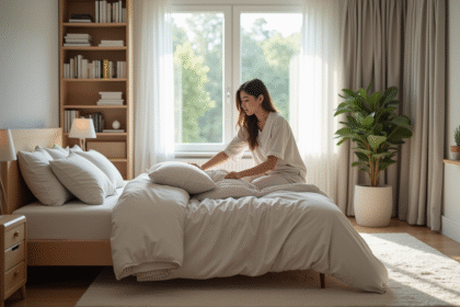Jeune femme en pyjama arrangeant des coussins sur un lit moderne