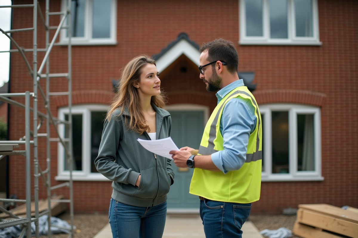 Jeune femme en vêtements décontractés discute avec un officiel devant une maison en rénovation