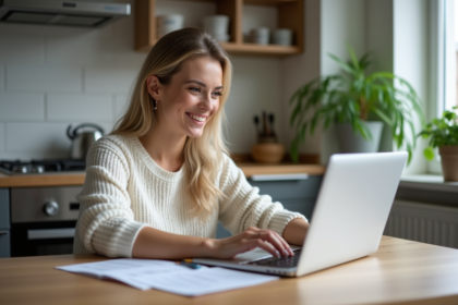 Femme souriante vérifiant sa facture d'électricité à la maison
