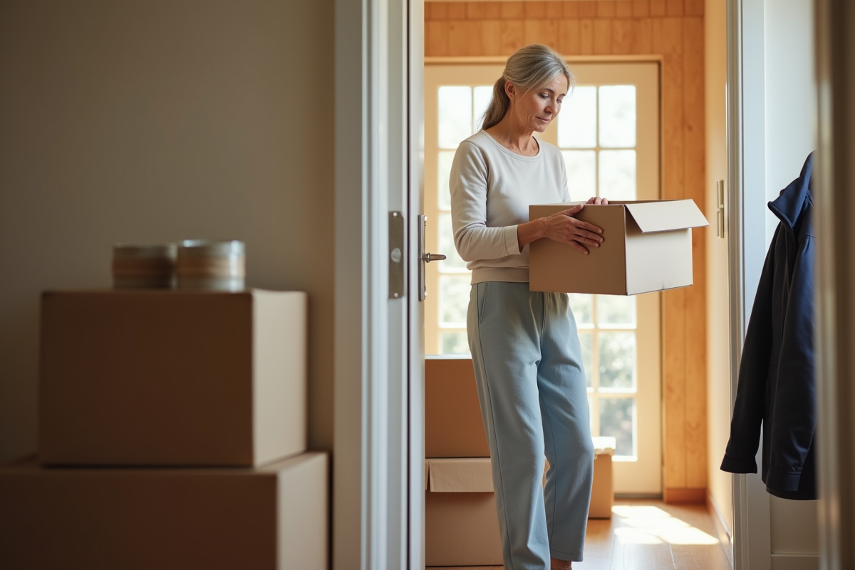Femme scelle un carton avec du ruban dans un couloir