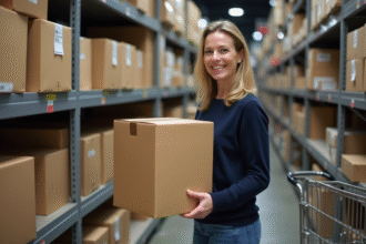 Femme choisissant des cartons dans un supermarché