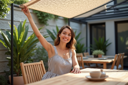 Femme en robe d'été à la terrasse urbaine ensoleillée