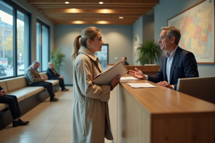Femme d'âge moyen parlant à un agent municipal dans une mairie moderne