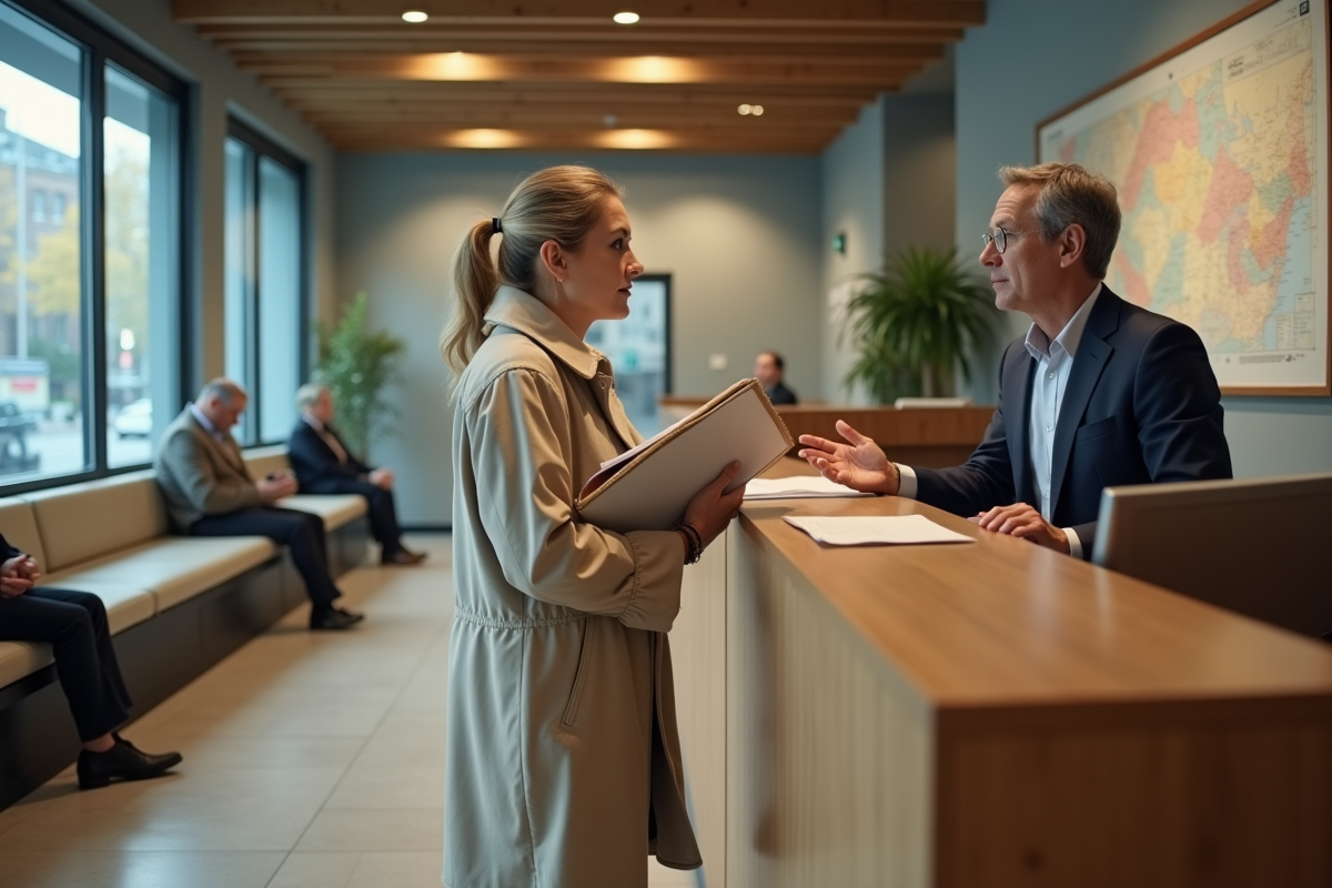Femme d'âge moyen parlant à un agent municipal dans une mairie moderne