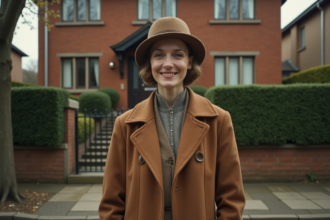 Femme souriante en manteau vintage devant maison 1930