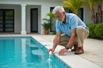 Homme d'âge moyen ajoutant des produits chimiques à la piscine