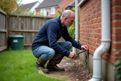 Homme en jeans appliquant un produit d'étanchéité sur la fondation