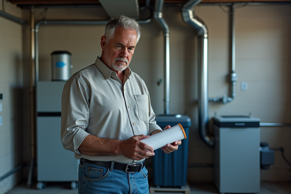 Homme vérifiant un filtre dans un sous-sol organisé