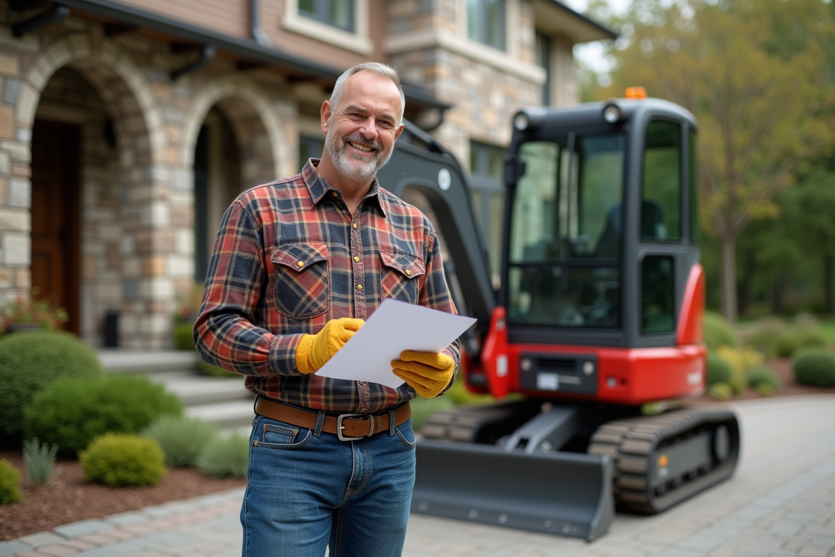 Homme avec mini excavatrice et contrat de location