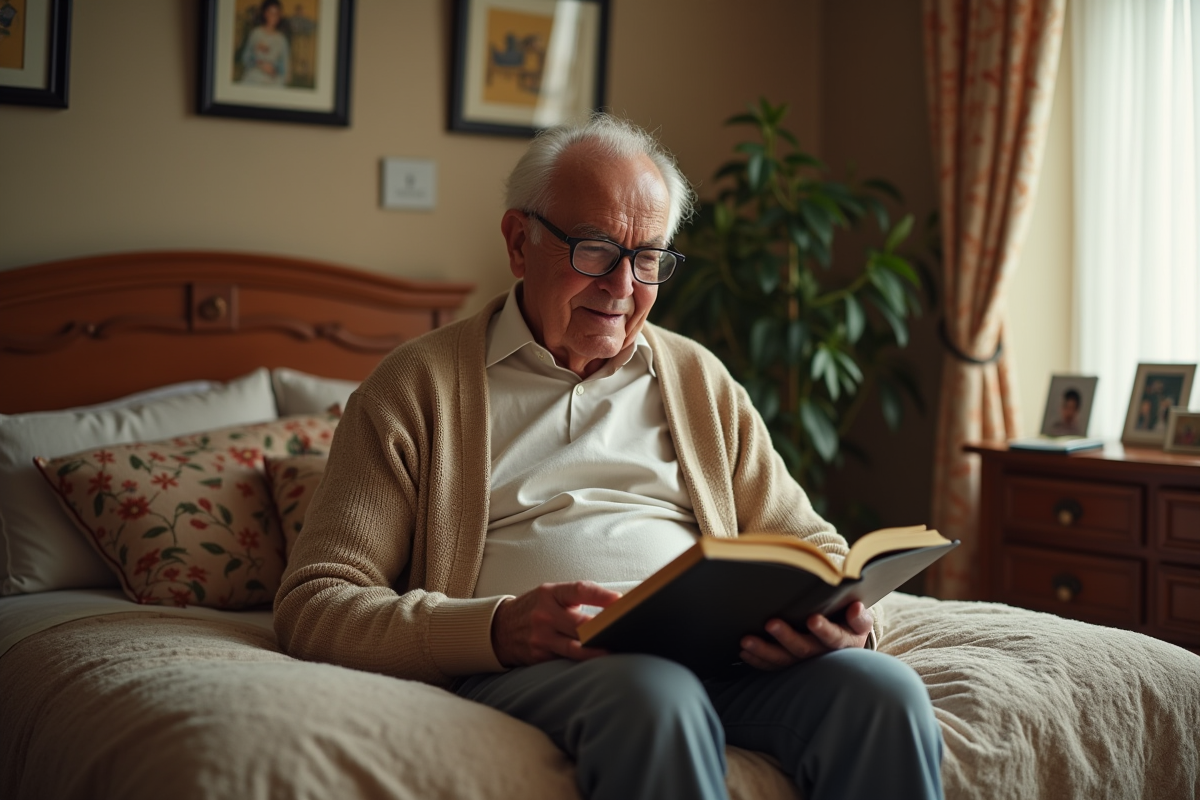 Homme âgé lisant dans une chambre chaleureuse et traditionnelle