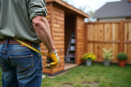Homme en workwear mesure la distance entre abri et cloture