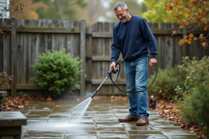 Homme utilisant un nettoyeur haute pression sur un patio en pierre