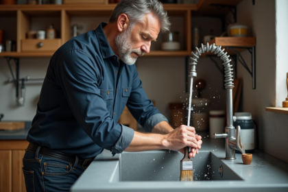 Homme d'âge moyen nettoyant un pinceau dans un atelier propre