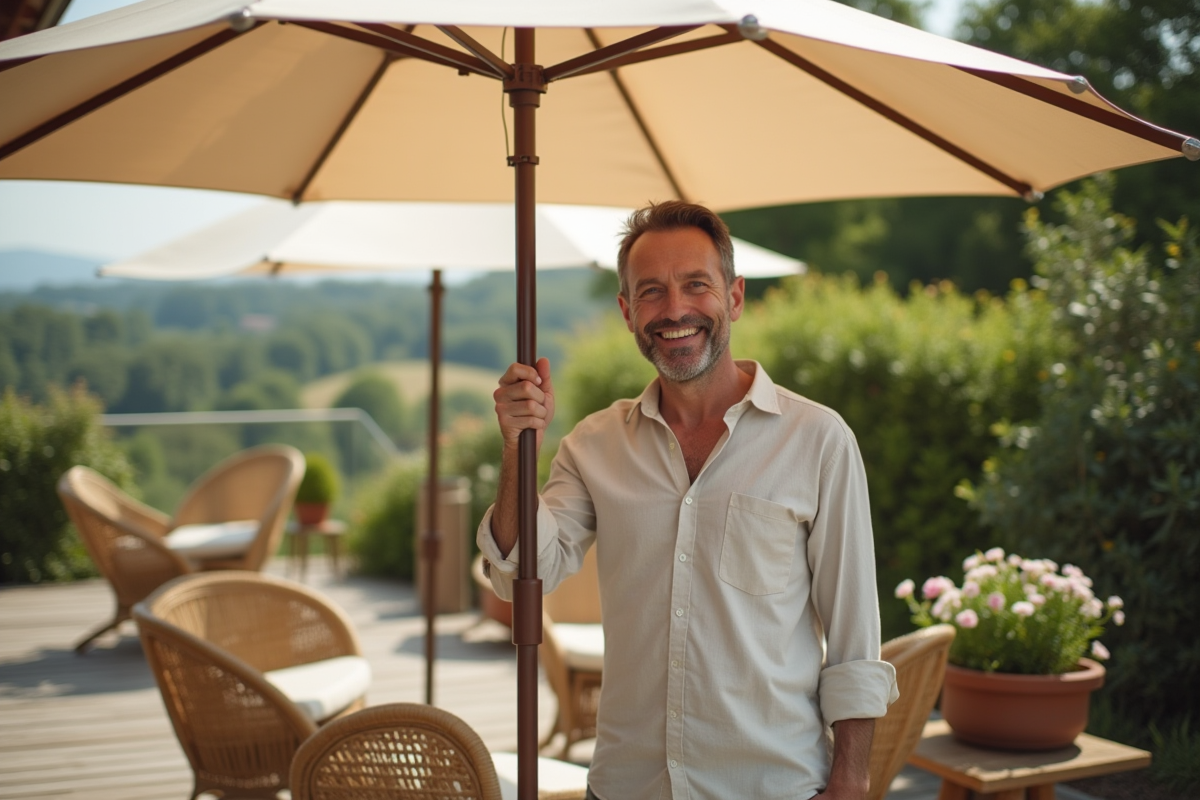 Homme ajustant un grand parasol en bois et fleurs
