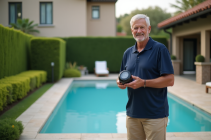 Homme d'âge moyen avec un chronomètre de piscine à côté d'une piscine moderne
