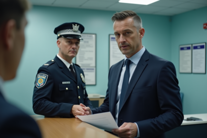 Homme d'âge moyen en costume navy à la police